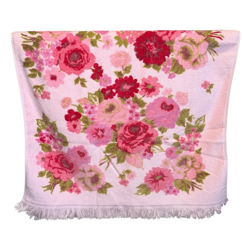 Vintage Cannon Monticello Pink Roses Fringed Bath Towel USA
